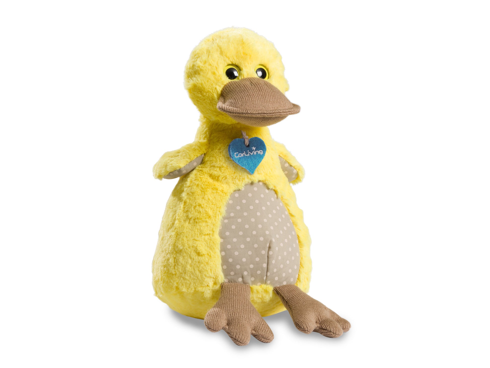 Soft, yellow Stewart the Plush Duck with orange beak and feet, made of fuzzy fabric. Features include embroidered eyes and a small, friendly smile. Ideal for kids and charity gifts.