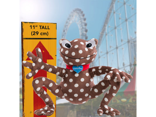 Green plush frog with soft, fuzzy texture, large embroidered eyes, and a friendly smile. Ideal for cuddling and supporting charity.