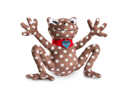 Green plush frog with soft, fuzzy texture, large embroidered eyes, and a friendly smile. Ideal for cuddling and supporting charity.