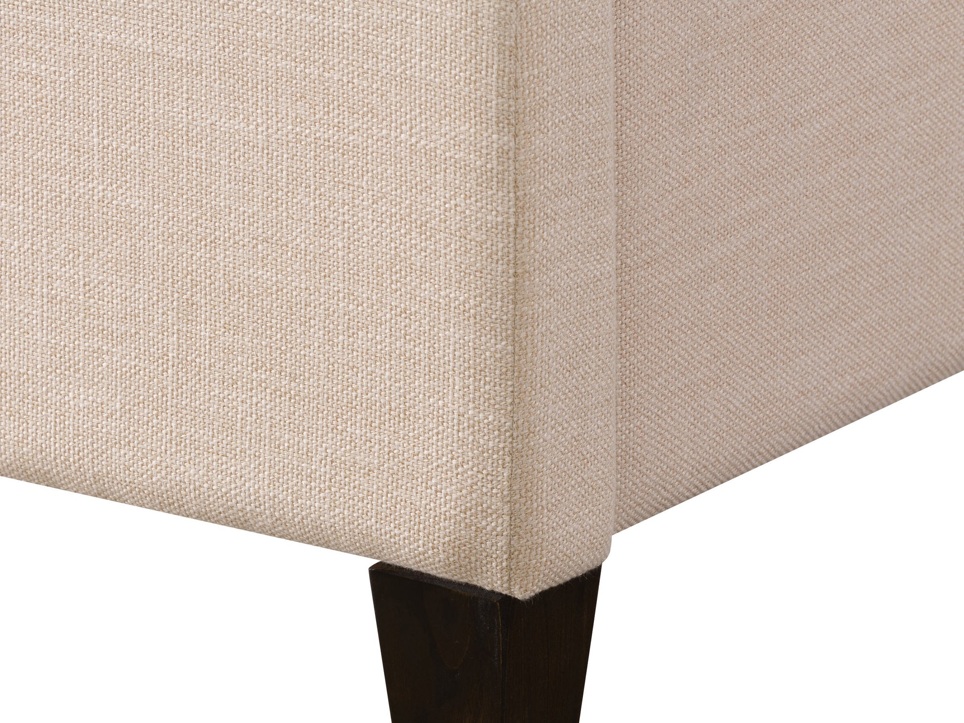 Channel tufted double/full bed with beige velvet upholstery, wooden legs, and elegant vertical stitching detail.