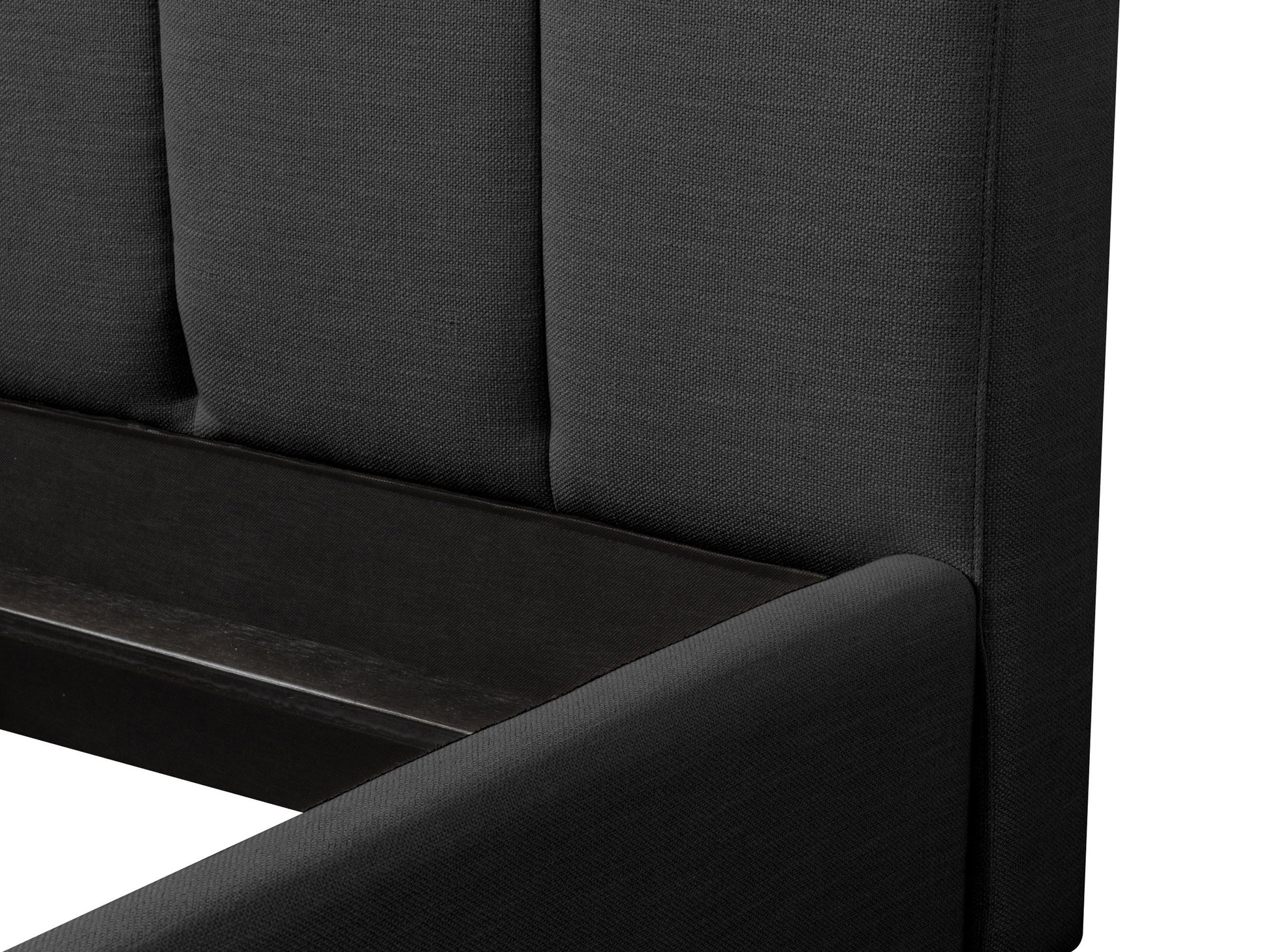 Channel tufted double/full bed with soft gray velvet upholstery, sleek low-profile design, and sturdy wooden legs.