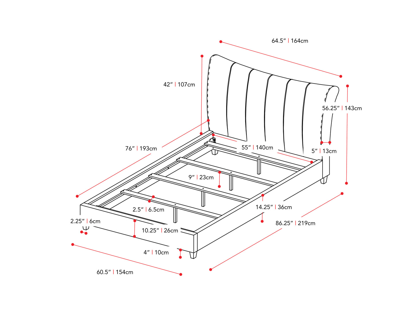 Channel tufted double/full bed in dark gray velvet with sleek black metal legs and a minimalist, modern design.