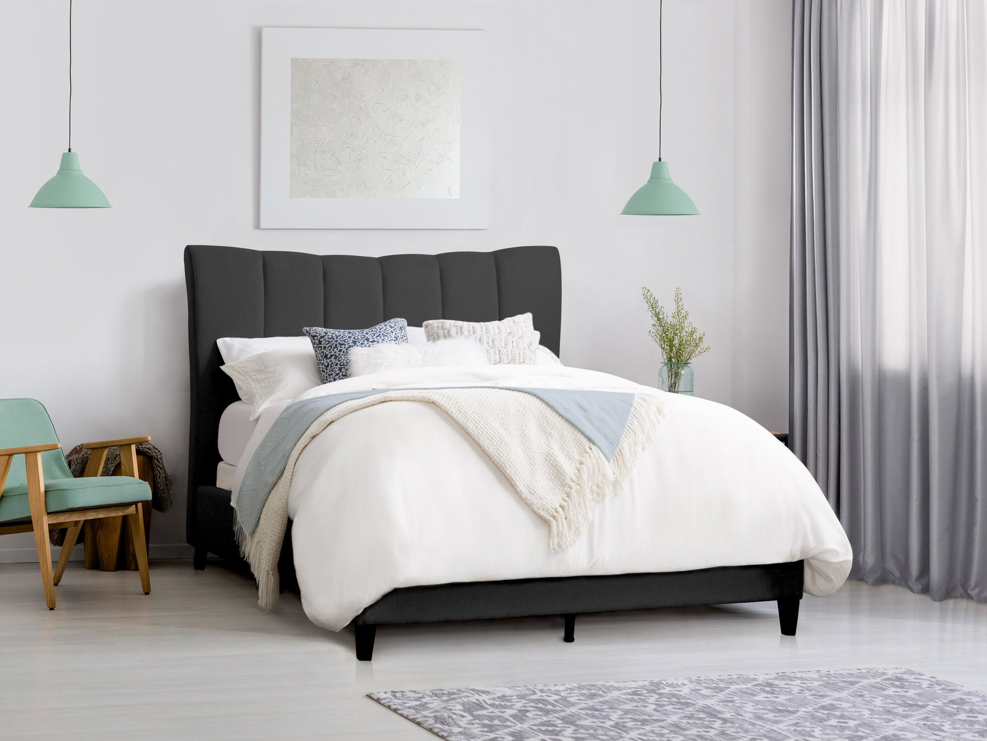 Channel tufted double/full bed with plush gray velvet upholstery, sleek black wooden legs, and elegant vertical tufting on the headboard. Modern design perfect for contemporary bedrooms.