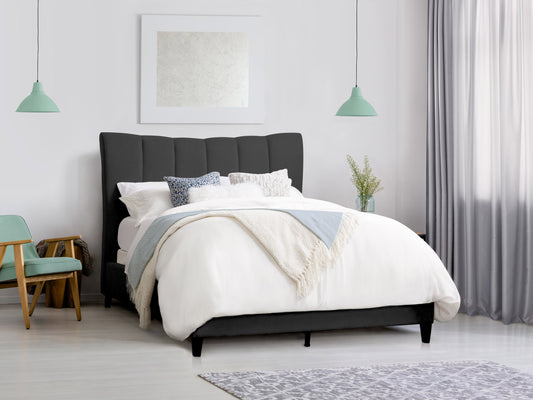 Channel tufted double/full bed with plush gray velvet upholstery, sleek black wooden legs, and elegant vertical tufting on the headboard. Modern design perfect for contemporary bedrooms.