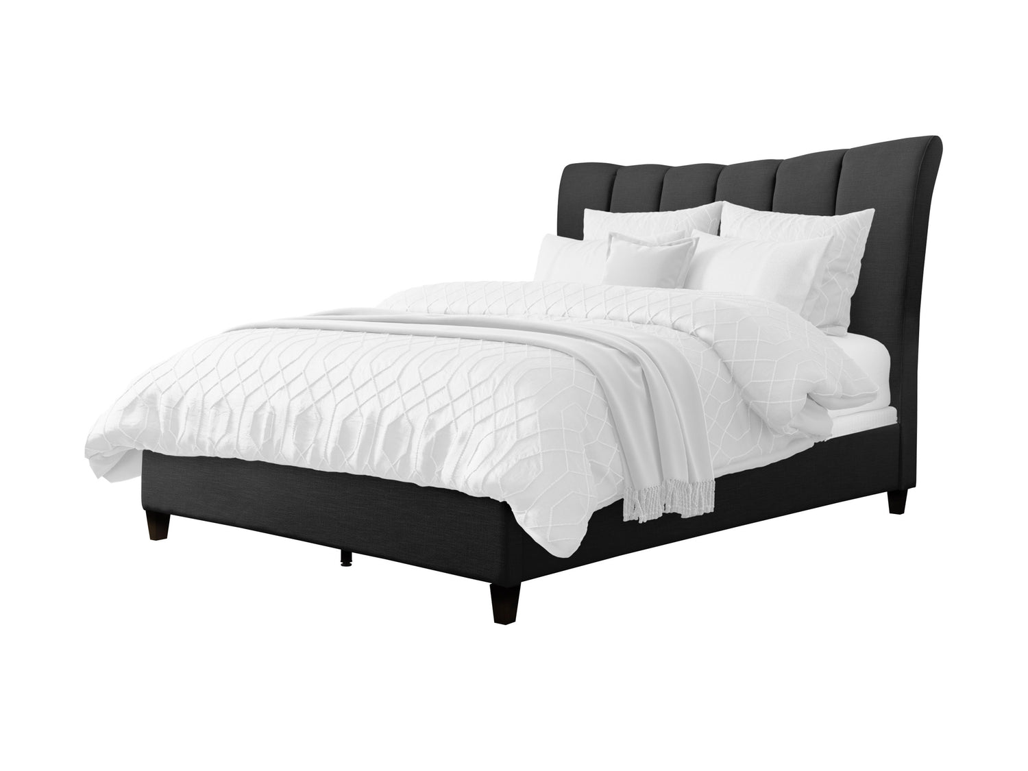 Channel tufted double/full bed with plush gray velvet upholstery, sleek black metal legs, and a modern, minimalist design perfect for contemporary bedrooms.