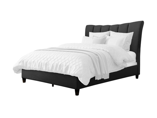 Channel tufted double/full bed with plush gray velvet upholstery, sleek black metal legs, and a modern, minimalist design perfect for contemporary bedrooms.