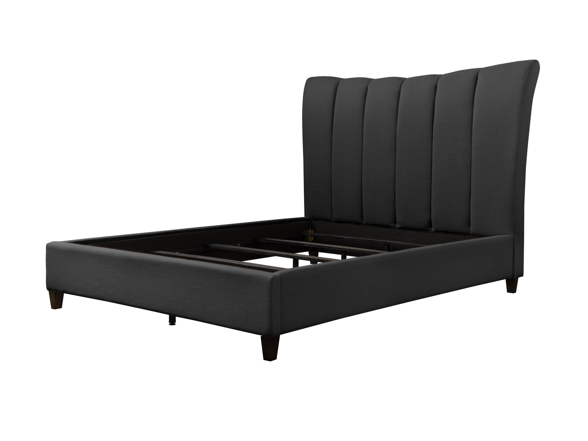 Channel tufted double/full bed with plush velvet upholstery in deep blue, featuring a modern low-profile design, wooden legs, and a padded headboard with vertical stitching for added elegance and comfort.