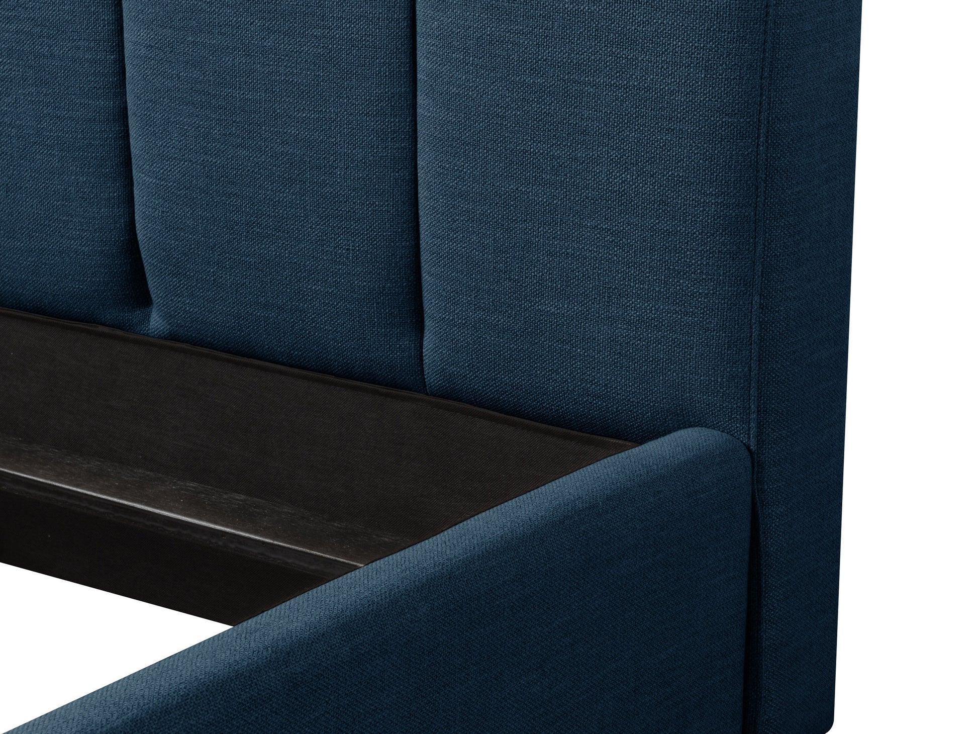 Channel tufted double/full bed in rich navy blue velvet with vertical stitching detail, elegant low-profile design, and sturdy wooden legs. Ideal for modern bedroom decor, combining style and comfort.