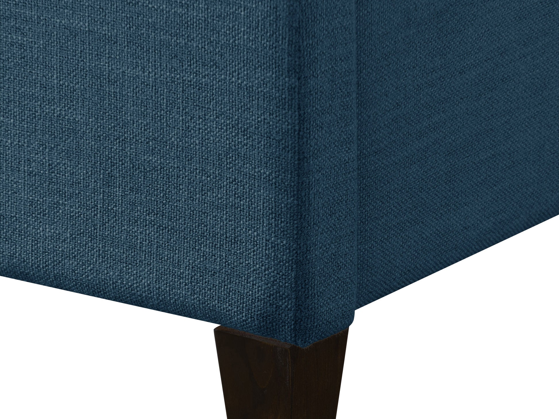 Channel tufted double/full bed with grey velvet upholstery, sleek headboard design, and gold metal legs.