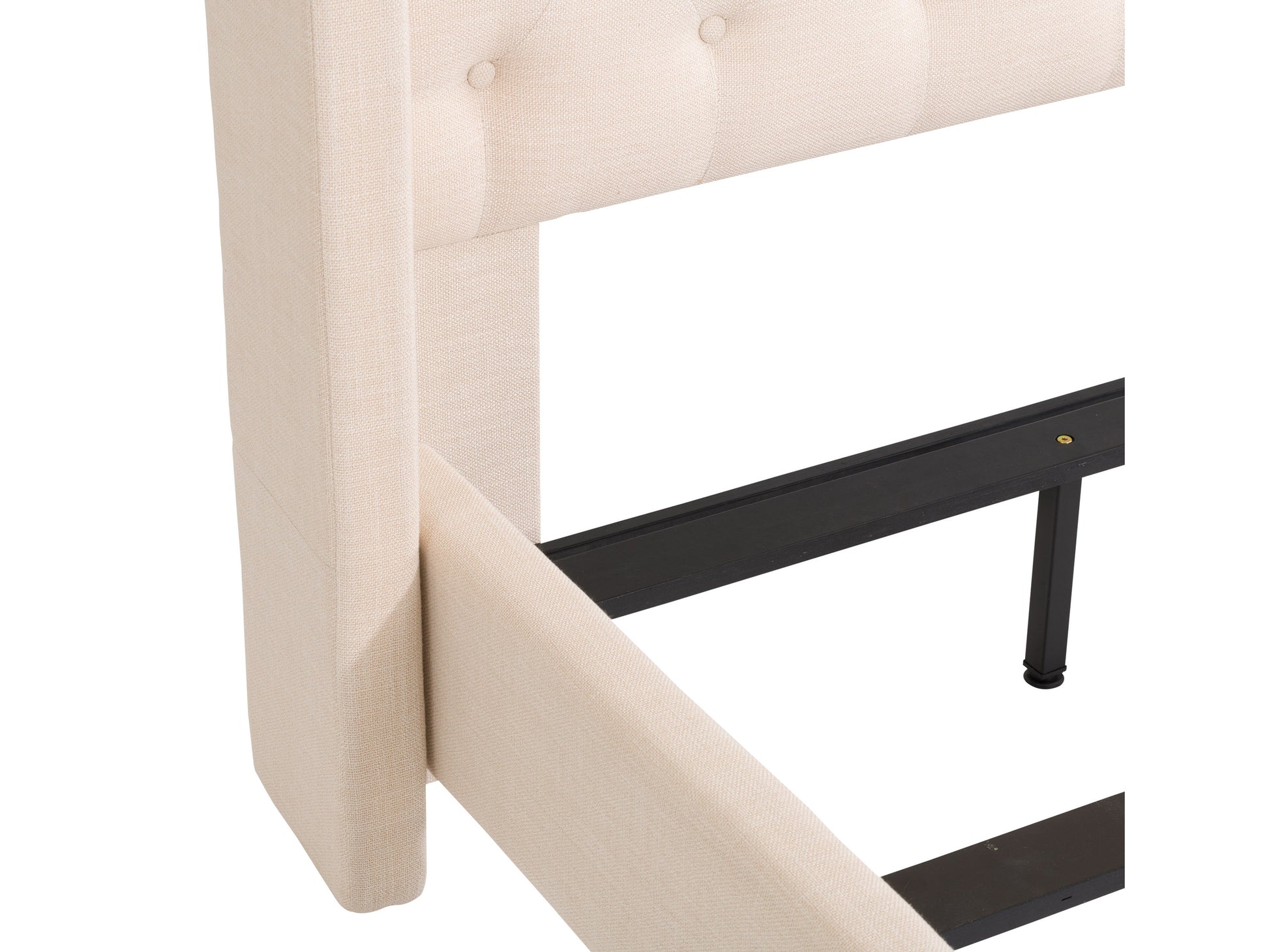 Tufted twin bed with beige linen upholstery, featuring a button-tufted headboard, wooden legs, and a sturdy frame. Ideal for modern bedrooms seeking a blend of elegance and comfort.