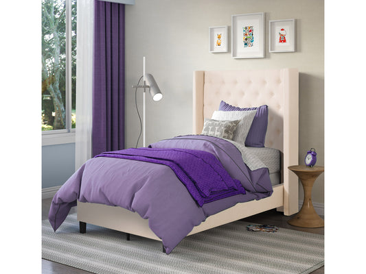 Tufted twin bed with beige fabric upholstery, wooden legs, and a button-tufted headboard in a modern bedroom setting. Ideal for small spaces and contemporary decor.