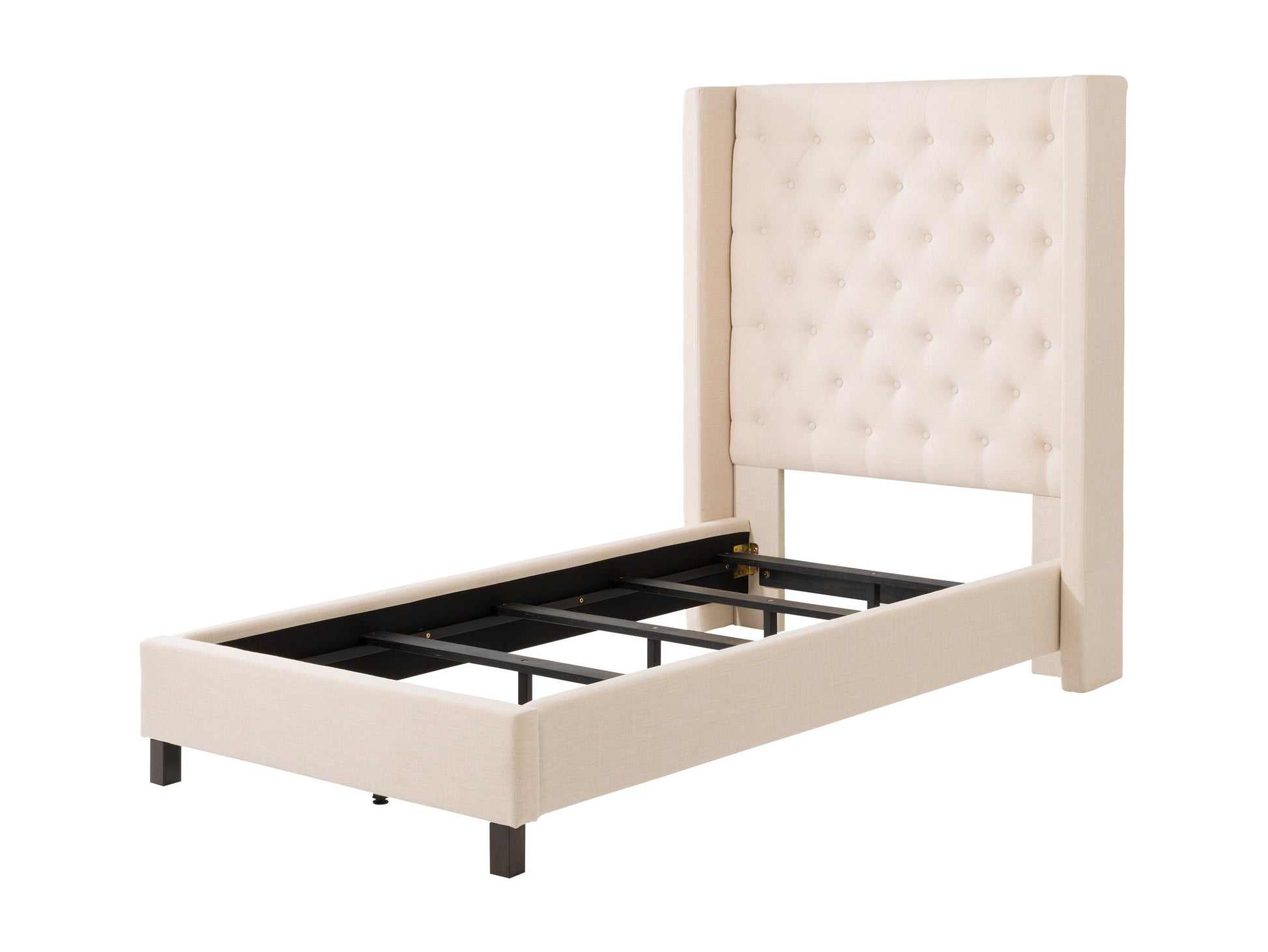 Tufted twin bed with dark gray upholstery, wooden legs, and a padded headboard featuring button-tufted design. Ideal for modern bedrooms, this single bed combines comfort and style with durable materials.