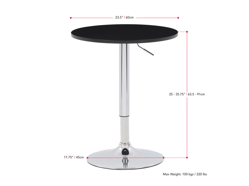 black Adjustable Height Round Bar Table Maya Collection measurements diagram by CorLiving