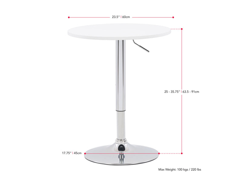 white Adjustable Height Black Bar Table Maya Collection measurements diagram by CorLiving