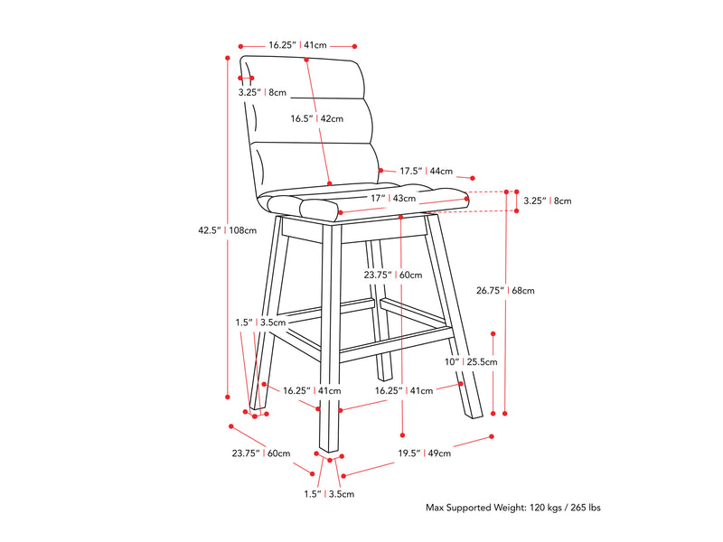 light grey and brown Wood Bar Stools Set of 2 Lilibet Collection measurements diagram by CorLiving