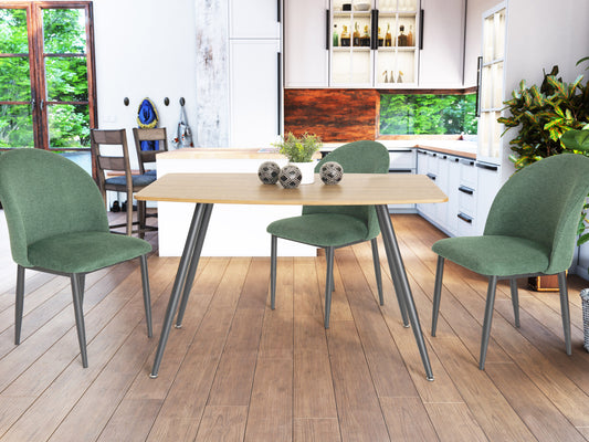 Modern dining table with a walnut finish, sleek black metal legs, and a minimalist design, perfect for small spaces.
