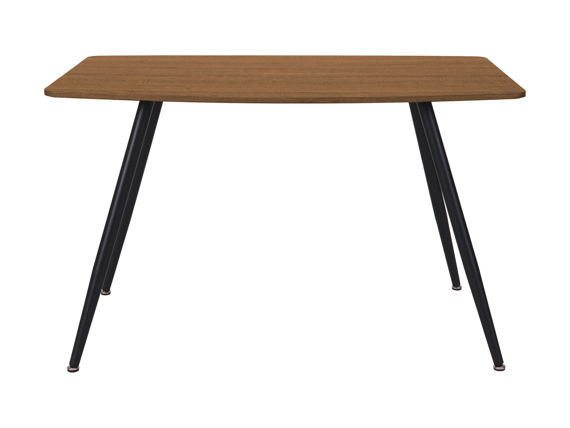 Modern wooden dining table with sleek black metal legs, rectangular light oak top, and minimalist design, perfect for small spaces.