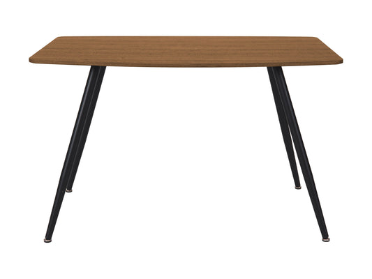 Modern wooden dining table with sleek black metal legs, rectangular light oak top, and minimalist design, perfect for small spaces.