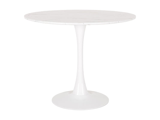 Round marbled bistro table with white and gray veining, 35-inch diameter, featuring a sleek metal pedestal base and contemporary design, perfect for small dining spaces or stylish cafes.