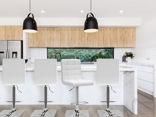 Set of 2 high back bar stools with black metal frames, brown faux leather seats, and footrests, perfect for kitchen islands or home bars.