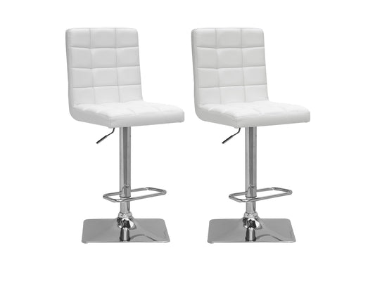 Set of 2 high back bar stools with black faux leather seats, tufted design, chrome footrest, and adjustable height, perfect for modern kitchens or home bars.