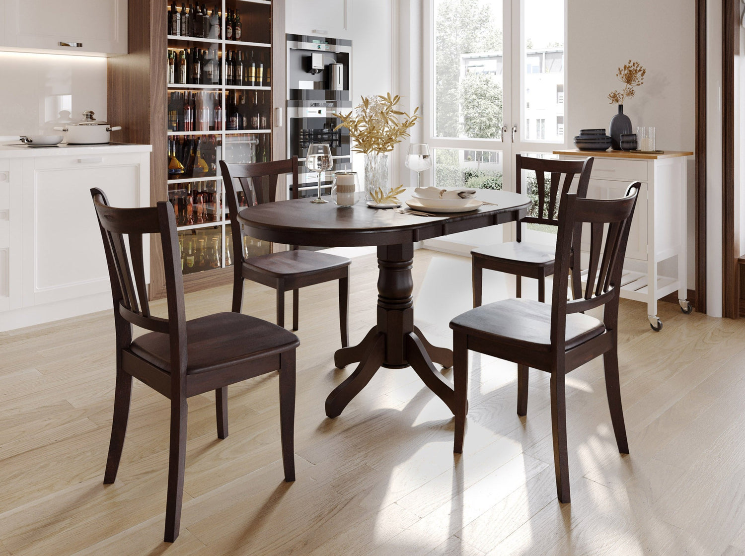 Extendable oval dining table with a sleek white tabletop and natural wood legs, perfect for modern dining rooms. Features a smooth extendable mechanism for versatile seating options.