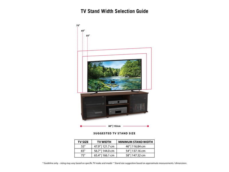 brown Wood TV Stand for TVs up to 75" Fiji Collection infographic by CorLiving