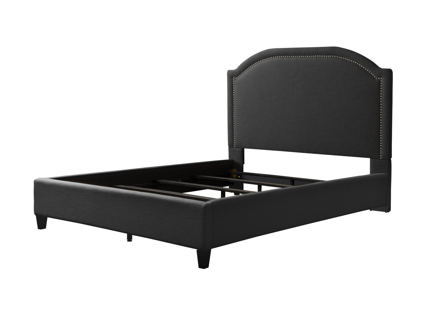 Upholstered double/full bed with dark gray fabric, tufted headboard, and wooden legs. Ideal for modern bedrooms, offering comfort and style with a sleek, contemporary design.