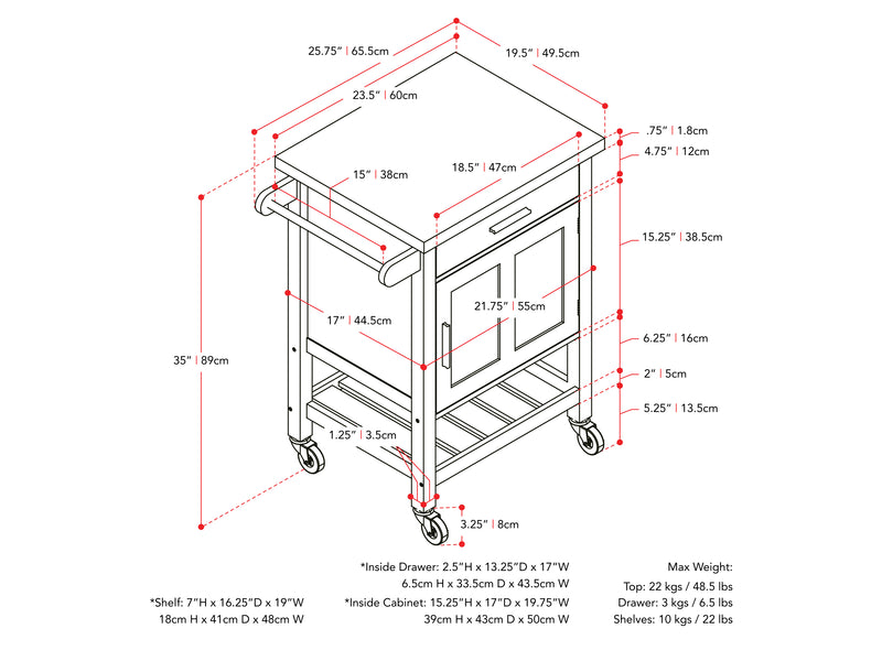 white Kitchen Cart on Wheels Callan Collection measurements diagram by CorLiving