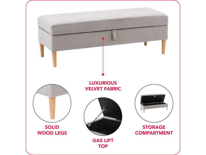 light grey Velvet Storage Bench Perry Collection infographic by CorLiving