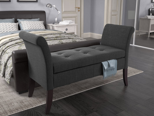 Gray upholstered storage bench with arms, button-tufted backrest, wooden legs, and spacious under-seat storage. Ideal for entryways, bedrooms, or living rooms.