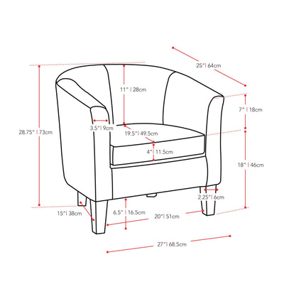 black Leather Barrel Chair Sasha Collection measurements diagram by CorLiving#color_black