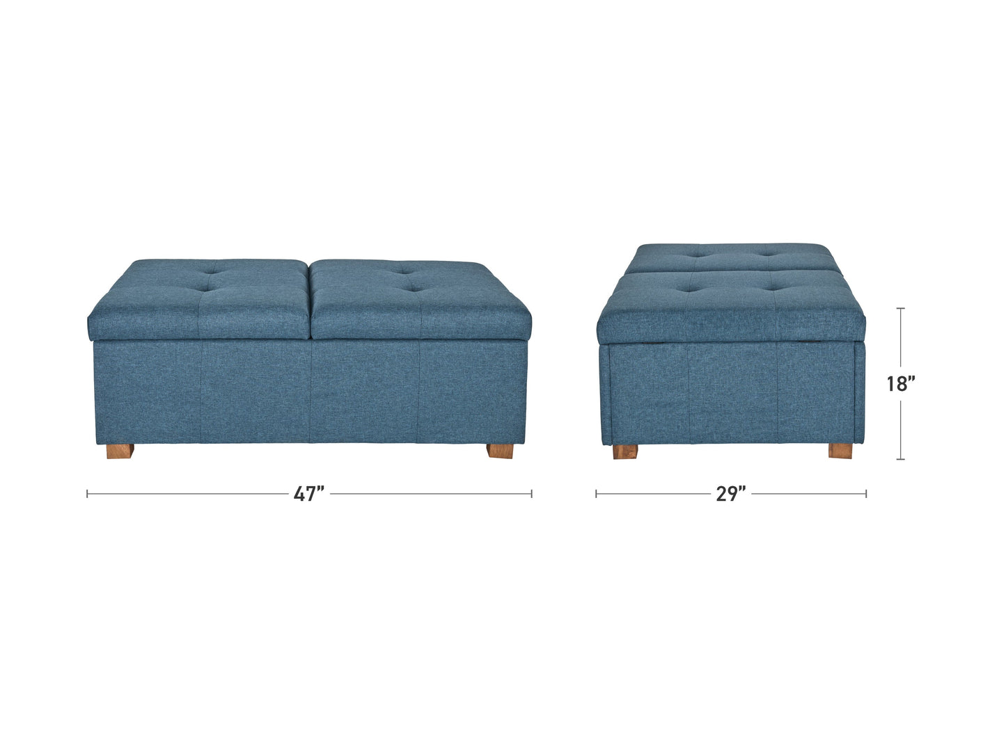 Gray double storage ottoman with soft fabric upholstery, tufted top, and wooden legs, providing ample storage space and stylish seating for living rooms or bedrooms.