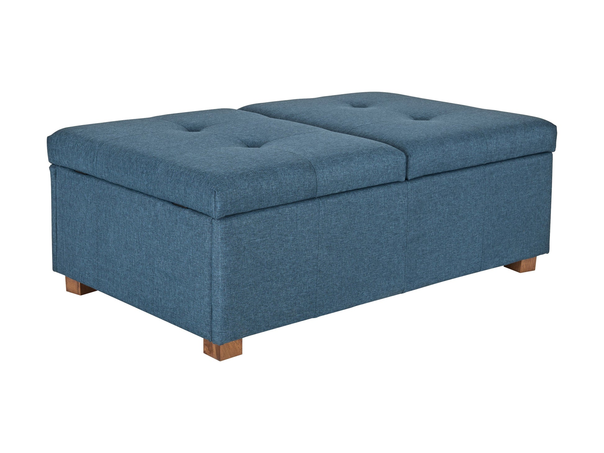 Modern double storage ottoman in light gray fabric with tufted top, wooden legs, and spacious interior compartments for versatile living room or bedroom organization and seating.