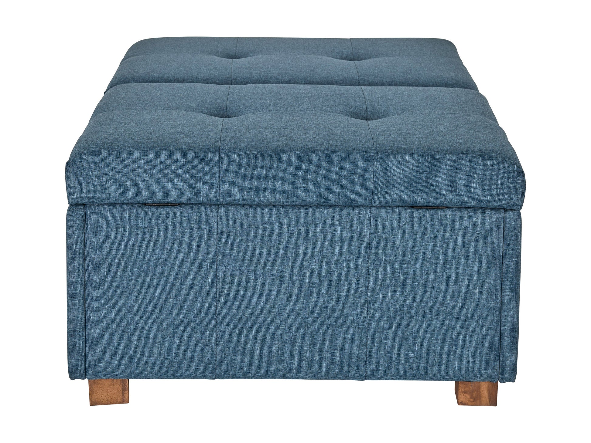 Gray double storage ottoman with tufted top, soft fabric upholstery, and wooden legs. Ideal for living room or bedroom, offering extra seating and hidden storage space.
