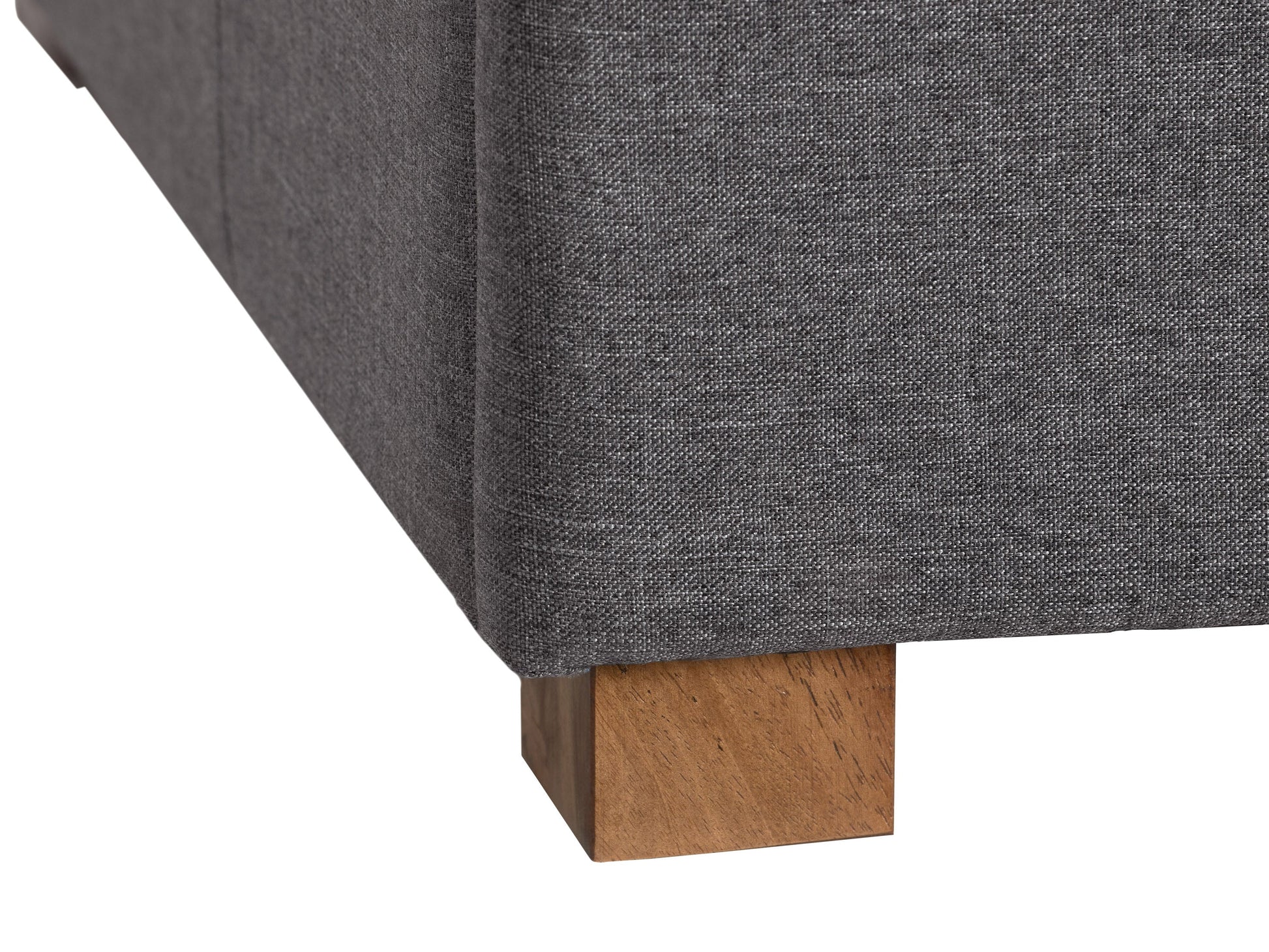 Gray double storage ottoman with tufted top, plush fabric, and wooden legs. Ideal for living rooms or bedrooms, providing extra seating and hidden storage space.