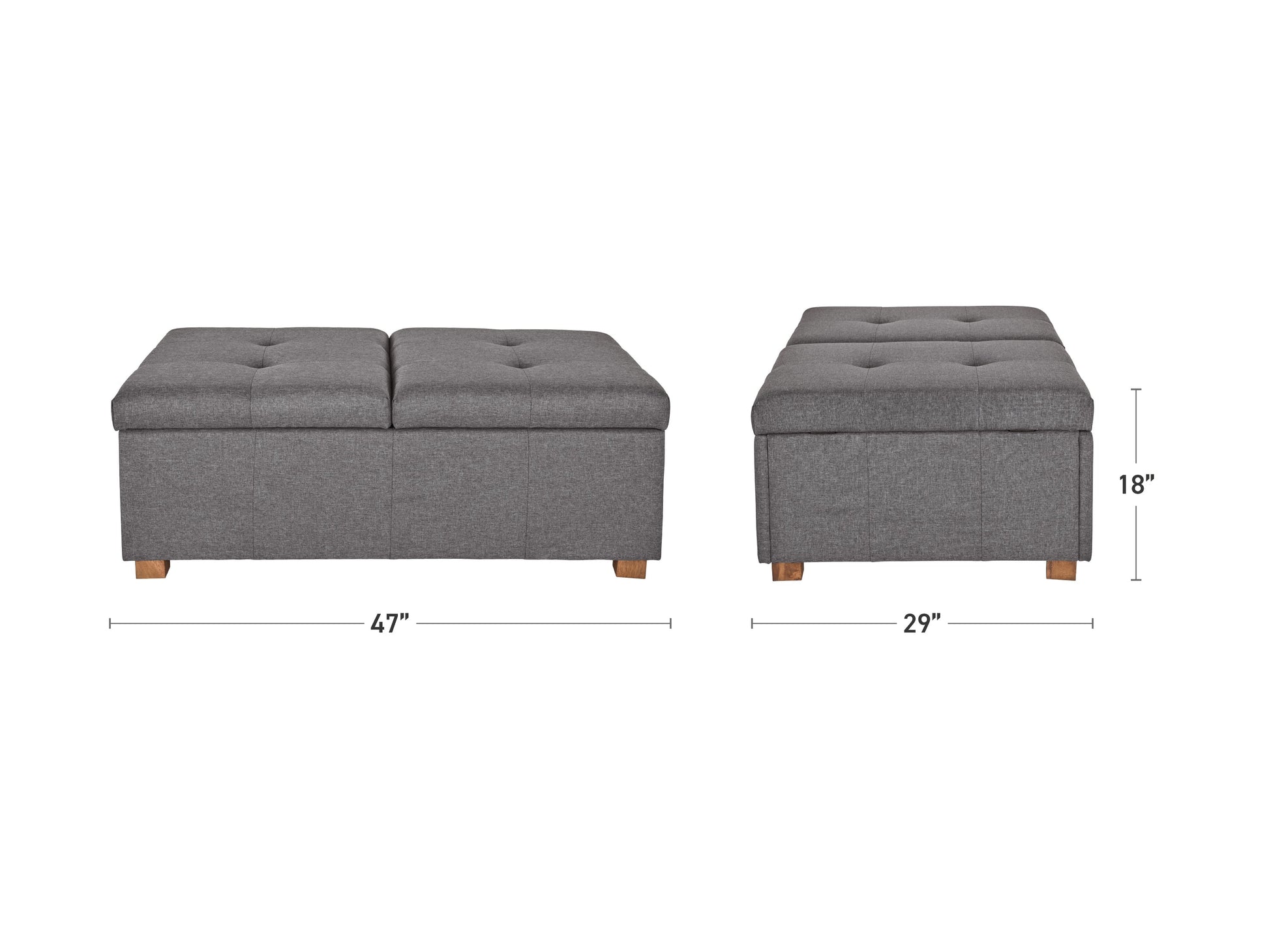 Double storage ottoman in light gray fabric with tufted lid, wooden legs, and spacious interior for storage.