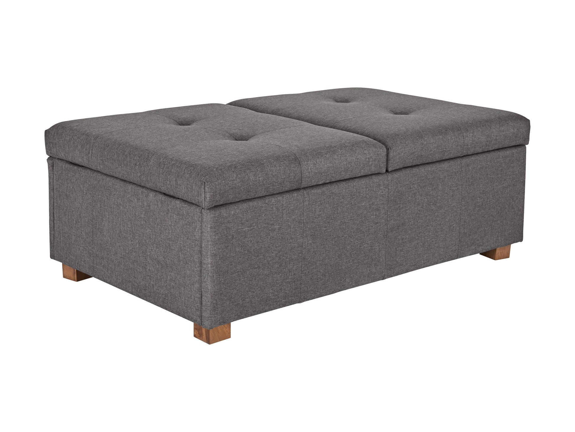 Brown double storage ottoman with tufted top, faux leather upholstery, and dark wooden legs. Features spacious interior storage, stylish stitching, and versatile seating or footrest functionality.