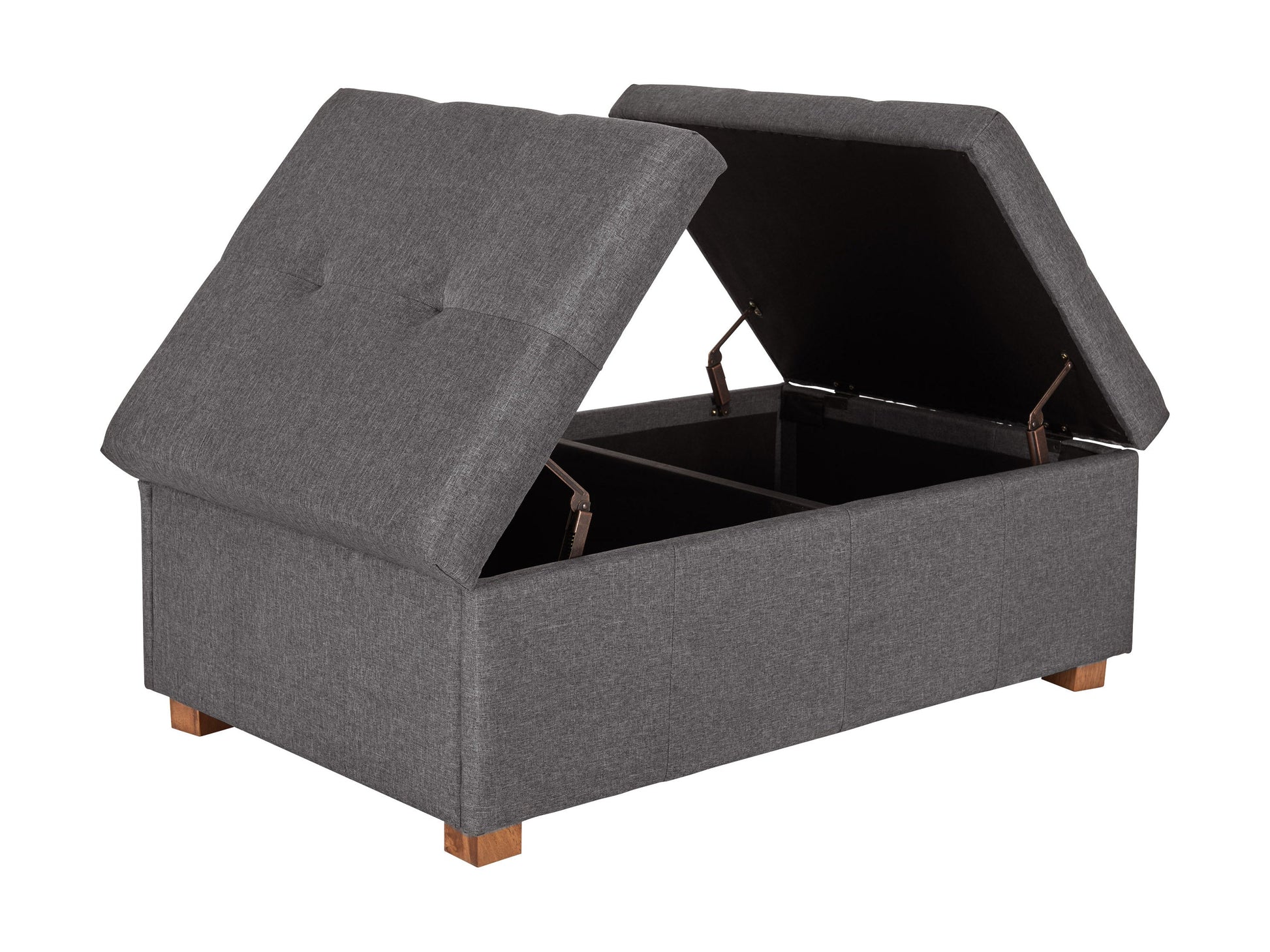Gray double storage ottoman with tufted top, sleek black legs, and spacious interior storage. Upholstered in soft, durable fabric, ideal for living room or bedroom organization and extra seating.