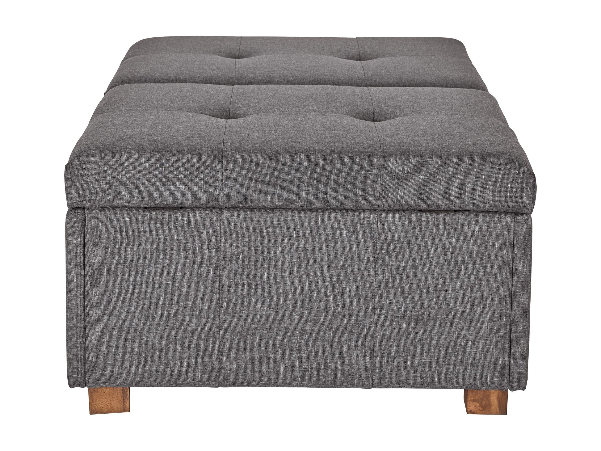 Gray double storage ottoman with tufted fabric, wooden legs, and a lift-top design for extra storage. Perfect for living room or bedroom use.