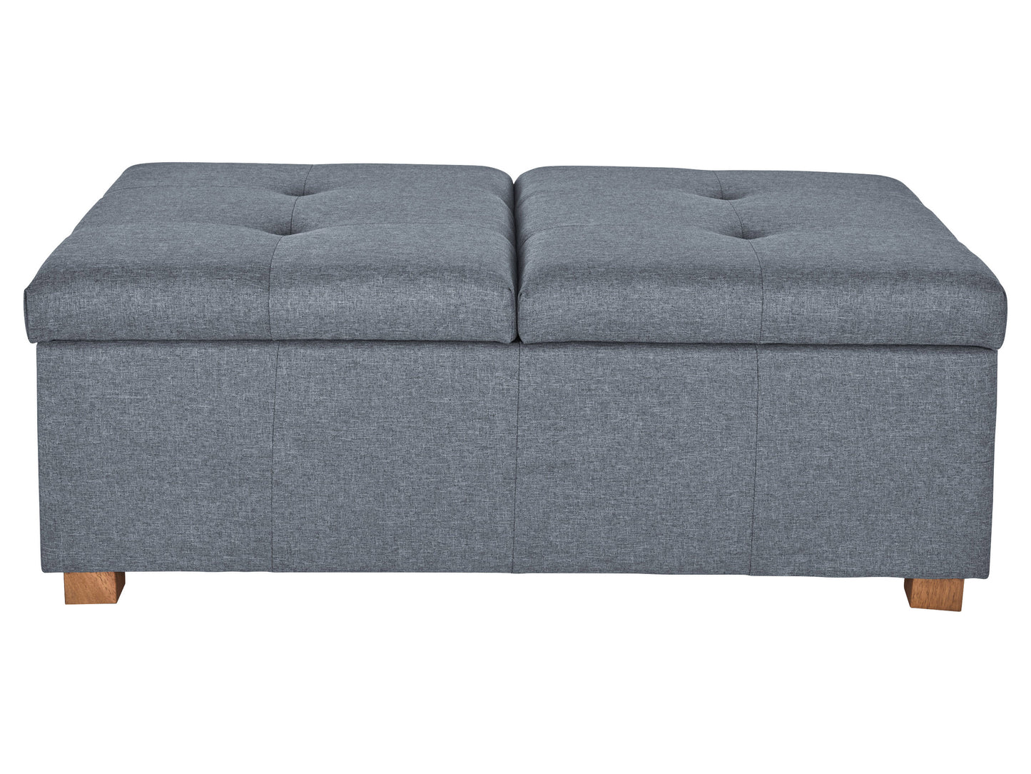 Dark gray double storage ottoman with a tufted top, upholstered in soft fabric, featuring spacious interior compartments and sturdy wooden legs, perfect for living room or bedroom organization and seating.