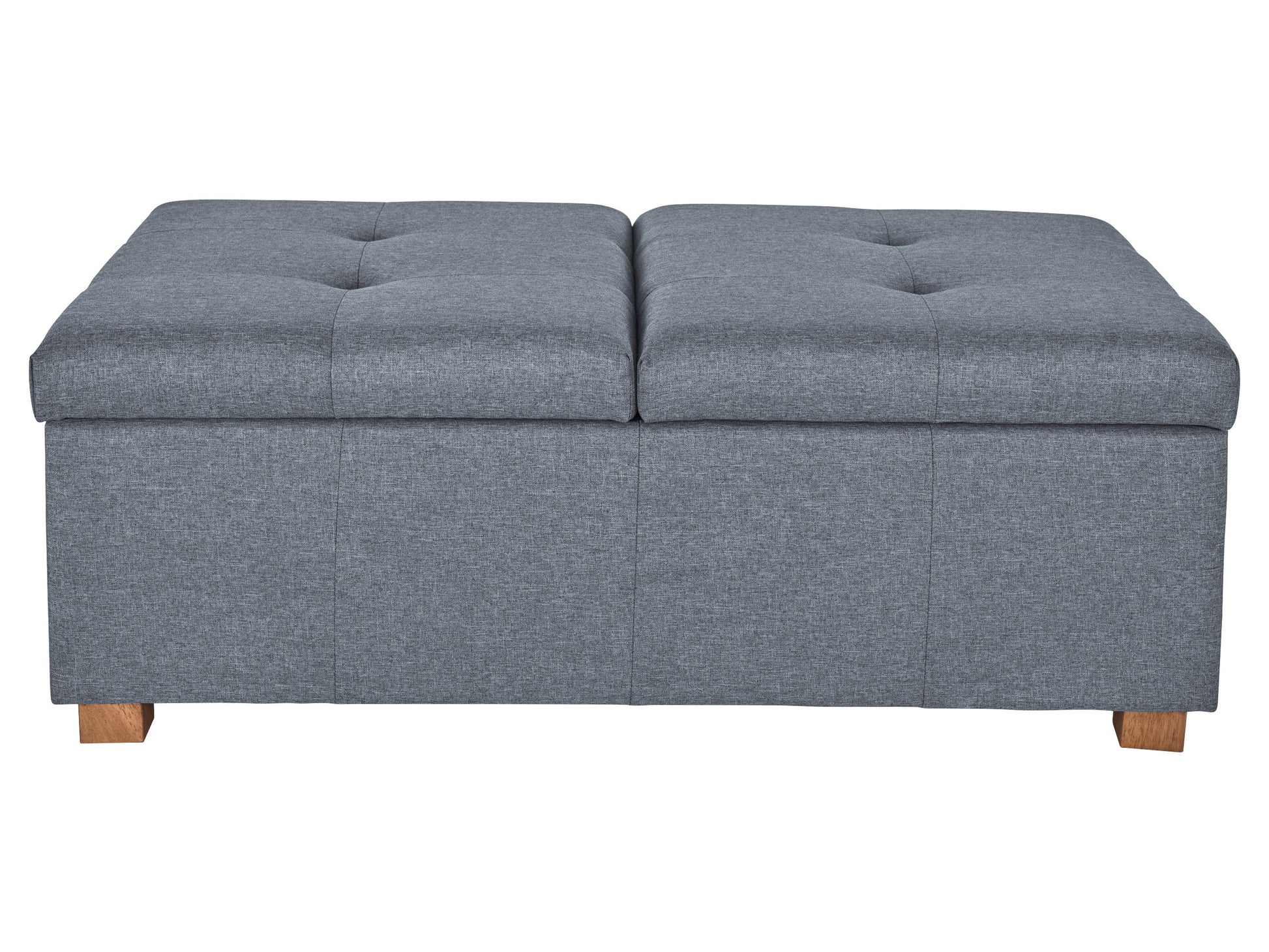 Dark gray double storage ottoman with a tufted top, upholstered in soft fabric, featuring spacious interior compartments and sturdy wooden legs, perfect for living room or bedroom organization and seating.