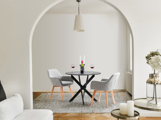 Grey dining chairs set of 2 with cushioned seats, sleek black metal legs, and modern design perfect for contemporary dining rooms.