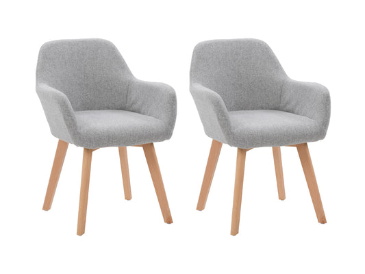 Set of 2 grey dining chairs with padded seats, upholstered in soft fabric, featuring sleek wooden legs and a modern design perfect for contemporary dining rooms.