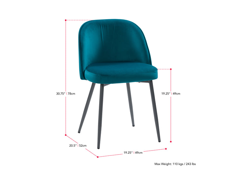 teal Velvet Side Chair Ayla Collection measurements diagram by CorLiving