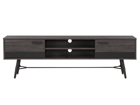 Mid-century modern TV stand for TVs up to 85 inches, featuring a walnut wood finish, sleek black metal legs, two sliding doors, and open shelving for media storage.