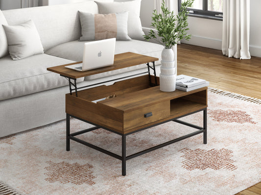 Rustic farmhouse lift top coffee table with a distressed white finish, natural wood top, and storage shelf. Features a sliding barn door design with black metal hardware, perfect for living room or farmhouse decor.