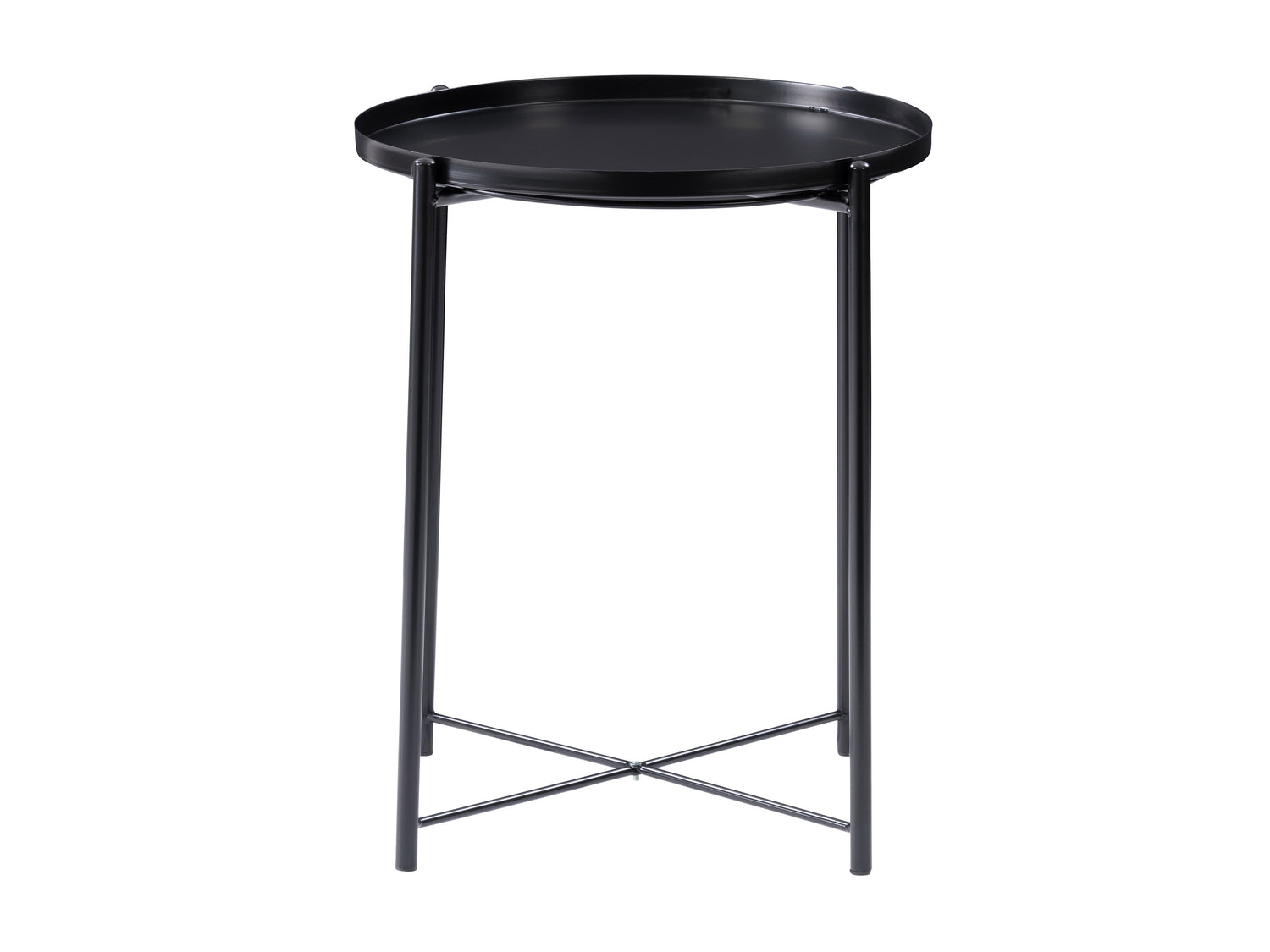 Black metal side table with sleek, minimalist design featuring a round top and sturdy, crossed legs. Ideal for modern living rooms or bedrooms, this stylish accent piece adds functionality and contemporary flair.