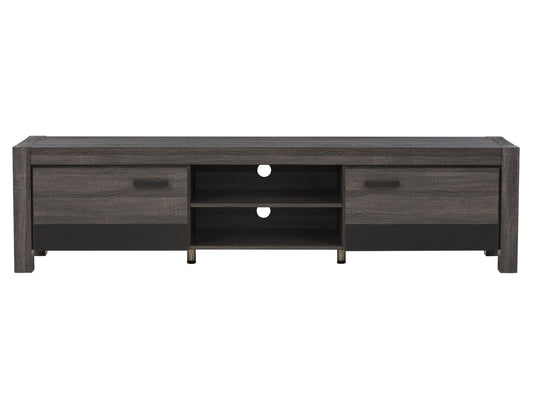Modern wooden TV stand with doors, featuring a sleek black and natural wood finish, suitable for TVs up to 95 inches. Includes ample storage space with adjustable shelves and cable management system.