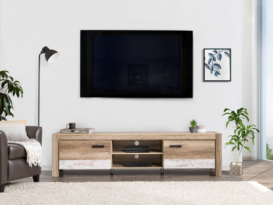 Modern TV stand with doors, fits TVs up to 95 inches, sleek black and wood finish, minimalist design, ample storage with shelving and cabinets, sturdy metal legs, perfect for contemporary living rooms.